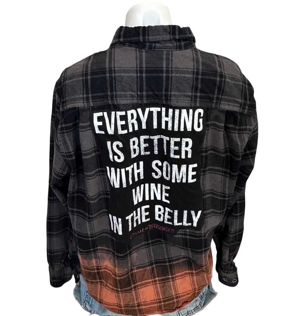 Some Wine In the Belly Plaid Flannel Shirt MEDIUM Oversize Unique Game of Throne